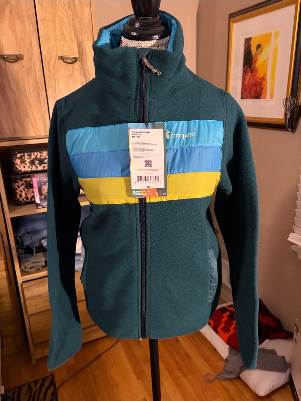 cotopaxi Teal Fleece Jacket with Blue and Yellow Chest Stripes - Small NWT